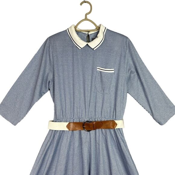 VTG Alison J. Midi Dress Womens Sz 12 Blue White Plaid 3/4 Sleeve Cottagecore - Picture 2 of 16